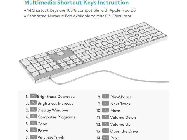Alt view image 3 of 6 - USB Wired Keyboard for Apple Mac, Aluminum Full Size Computer Keyboard with Numeric Keypad Compatible with Magic, iMac, MacBook Pro/Air Laptop and PC-White