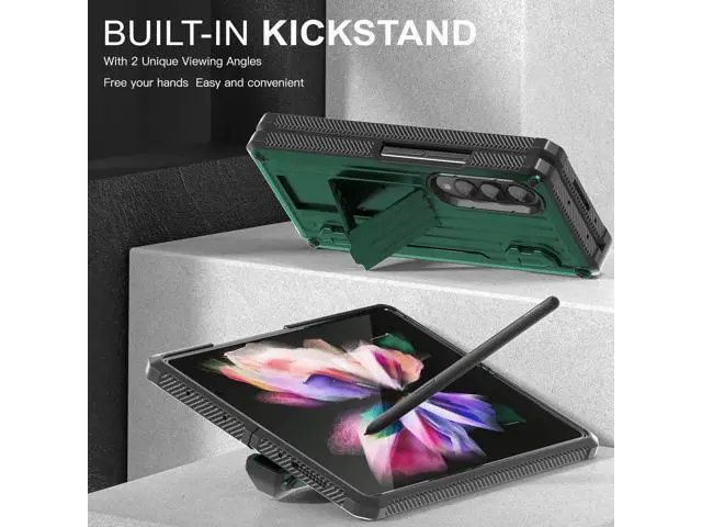 Alt view image 6 of 7 - Case for Samsung Galaxy Z Fold 3 5G 2021, Military-Grade Full-Body Shockproof Rugged Bumper Case Cover with Built-in Screen Protector & Kickstand & S Pen Slot Army Green