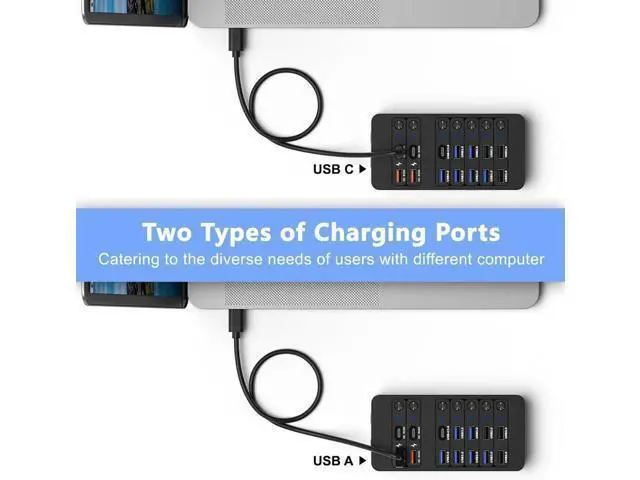 Alt view image 4 of 7 - Powered USB Hub,14 Ports USB Data Hub Splitter with 6 USB 3.0 Port,4 Charging Port,1 USB-C 3.0 Data Port,1 PD 60W Charging Port w LED Individual On/Off Switches for MacBook, Mac Pro, Laptop/PC