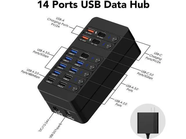 Alt view image 7 of 7 - Powered USB Hub,14 Ports USB Data Hub Splitter with 6 USB 3.0 Port,4 Charging Port,1 USB-C 3.0 Data Port,1 PD 60W Charging Port w LED Individual On/Off Switches for MacBook, Mac Pro, Laptop/PC