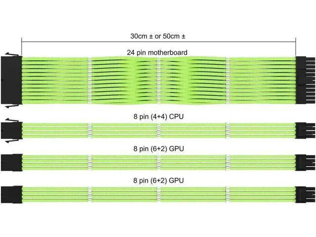 Alt view image 3 of 4 - PSU Cable Extension Sleeved Custom Mod GPU PC Power Supply Braided w/Comb Kit | 1x 24 P (20+4) | 1x 8 P (4+4) CPU | 2X 8 P (6+2) GPU Set | 30CM 300MM - Green