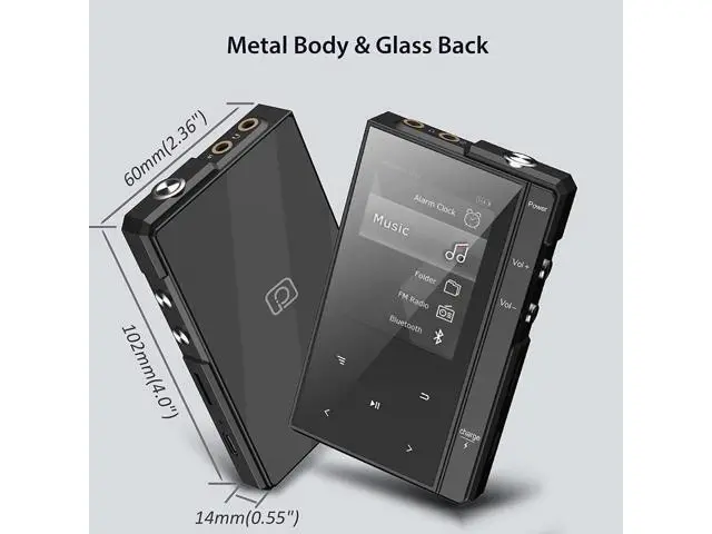 Alt view image 2 of 6 - 32GB MP3 Player with Bluetooth 5.0, Phinistec Portable Music Player MP3 with Speaker, Metal Body & Glass Back, HiFi Sound with FM Radio, Voice Recorder, E-Book, Support Micro SD Card up to 256GB