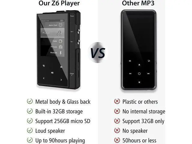 Alt view image 5 of 6 - 32GB MP3 Player with Bluetooth 5.0, Phinistec Portable Music Player MP3 with Speaker, Metal Body & Glass Back, HiFi Sound with FM Radio, Voice Recorder, E-Book, Support Micro SD Card up to 256GB