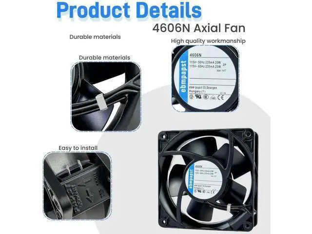Alt view image 3 of 3 - for ebmpapst 4606N Cooling Fan, High Temperature Resistant Axial Cooling Fan 2-Pin 115V-AC 50-60Hz 0.235A 120x120x38mm 2950RPM