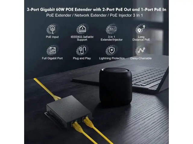 Alt view image 6 of 7 - AomoproingGigabit PoE Extender Passthrough Switch, 1 PoE in 2 PoE Out, IEEE802.3af/at/bt PoE Powered Max 60W, Hi-PoE 90W, 10/100/1000Mbps, Metal Small Wall Mount PoE Extender/Injector/Network Extender