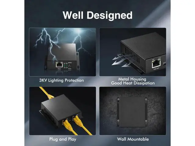 Alt view image 7 of 7 - AomoproingGigabit PoE Extender Passthrough Switch, 1 PoE in 2 PoE Out, IEEE802.3af/at/bt PoE Powered Max 60W, Hi-PoE 90W, 10/100/1000Mbps, Metal Small Wall Mount PoE Extender/Injector/Network Extender