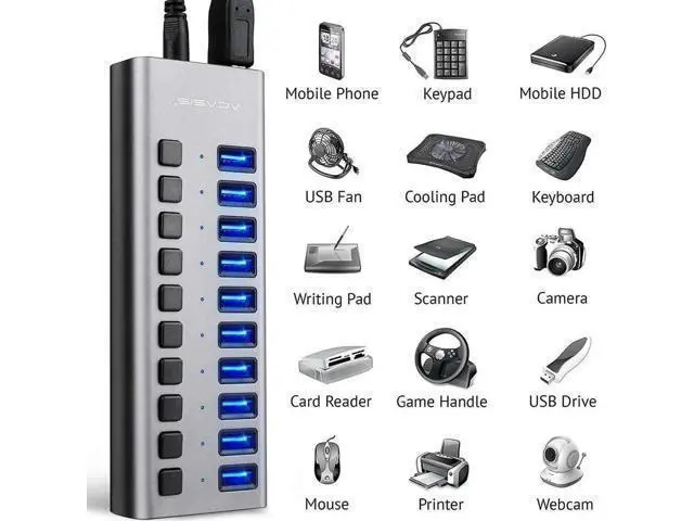 Alt view image 4 of 7 - Powered USB Hub - 10 Ports 48W USB 3.0 Data Hub - with Individual On/Off Switches and 12V/4A Power Adapter USB Hub 3.0 Splitter for Laptop, PC, Computer, Mobile HDD, Flash Drive and More