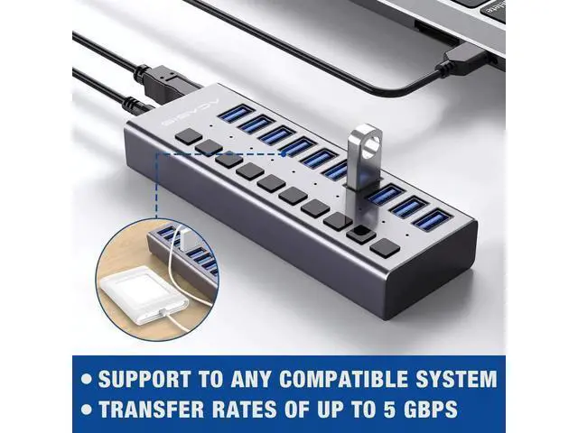 Alt view image 7 of 7 - Powered USB Hub - 10 Ports 48W USB 3.0 Data Hub - with Individual On/Off Switches and 12V/4A Power Adapter USB Hub 3.0 Splitter for Laptop, PC, Computer, Mobile HDD, Flash Drive and More