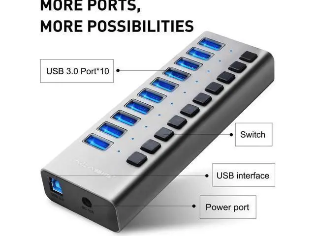 Alt view image 5 of 7 - Powered USB Hub - 10 Ports 48W USB 3.0 Data Hub - with Individual On/Off Switches and 12V/4A Power Adapter USB Hub 3.0 Splitter for Laptop, PC, Computer, Mobile HDD, Flash Drive and More