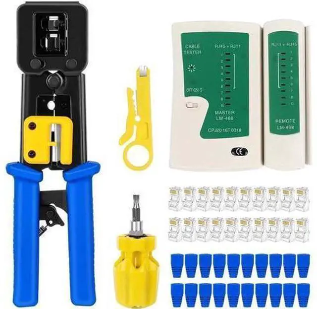 Main image of J45 Crimp Tool Kit Pass Thru Cat5 Cat5e Cat6 RJ45 Crimping Tool with 20PCS RJ45 Cat6 Pass Through Connectors, 20PCS Covers, 1 Network Cable Tester,1 Wire Punch Down Cutter and 1 Mini Screwdriver