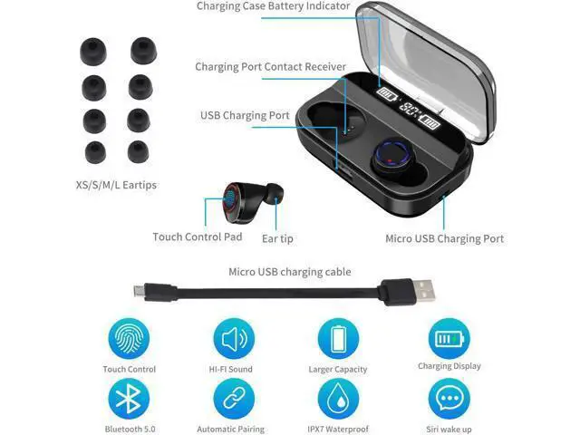Alt view image 3 of 6 - Earbuds Bluetooth Earbuds with Charging Display Bluetooth Headset Wireless Earphones IPX7 Waterproof Bluetooth 5.0 Hi-Fi Stereo Sound with 4000mAH Charging Case