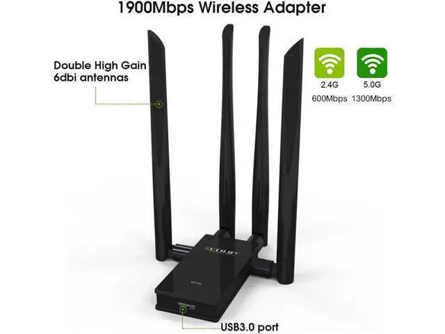 Alt view image 3 of 7 - 5GHz USB WIFI Adapter 1900mbps 802.11ac Long Distance WiFi Receiver with 4*6dBi Antennas USB 3.0 Wireless Ethernet Adapter