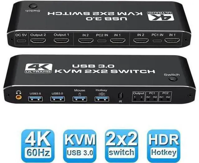 Main image of 2x2 Dual Monitor HDMI KVM Switch 2 in 2 Out, 4K @60Hz 2 Port Dual Monitor USB 3.0 KVM Switch 1080P USB KVM Switcher HDMI with USB 3.0 port