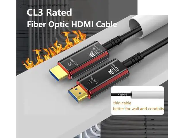 Alt view image 4 of 7 - AOMOPROING 65Ft CL3 Rated HDMI Cables, 8K 48Gbps Fiber Optic Ultra High Speed Long HDMI 2.1 Cord, in-Wall CL3 Cable for Pipes, HDMI to HDMI, Male to Male - (65 Ft-CL3 Rated)