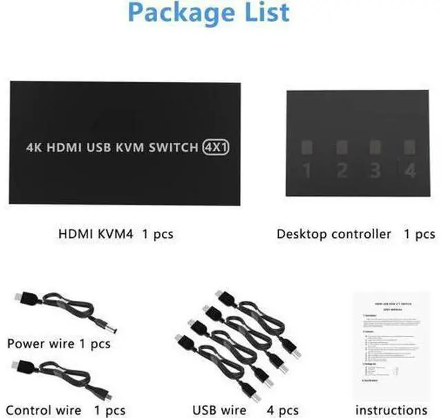 Alt view image 5 of 7 - KVM Switch HDMI 4 Port Box, 4 in 1 Out KVM Switch 4 Computers Share Keyboard Mouse Printer Monitor Support HUD 4K @60Hz for Laptop,PC,Xbox HDTV, with 4* USB Cable,1* Switch Button&Cable,1* Power Cable