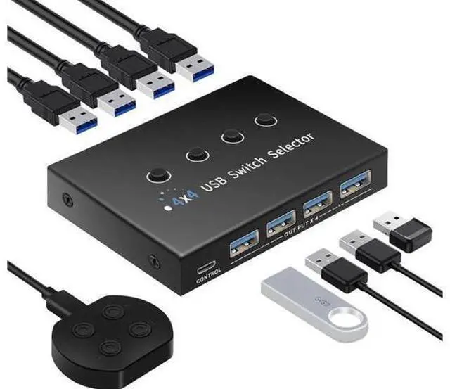 Main image of USB 3.0 Switch 4 Computers 3 Computers Keyboard Mouse Switch,4 Port USB Switch Selector Sharing 4 USB Devices,USB Switcher Compatible with Mac/Windows/Linux,with Desktop Controller &4 USB Cable