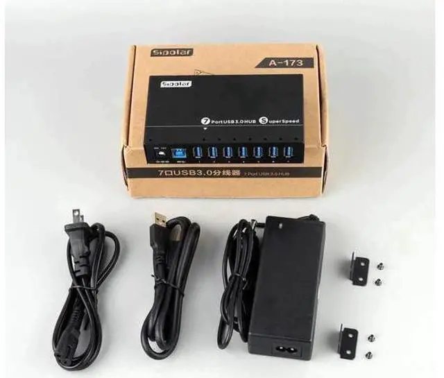 Main image of USB 3.0 Splitter, Aluminum 7 Ports Super Speed USB3.0 Data hub, Aluminum USB 3.0 Hub with 12V 3A 36Watt Powered, Mounting Bracket, LEDs, Balck