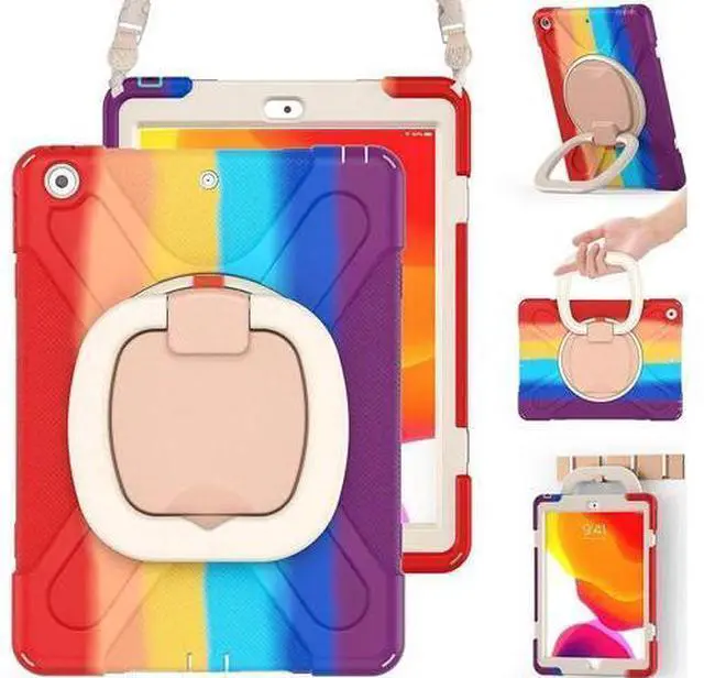 Main image of iPad 8th 7th Generation Case, iPad 10.2 inch Case 2020 2019, Heavy Duty Rugged Kids Cover with Rotating Stand/Pencil Holder/Carrying Strap Rainbow Red