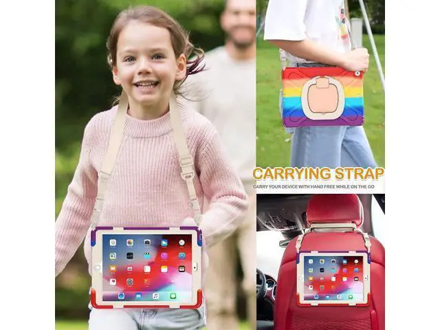 Alt view image 4 of 7 - iPad 8th 7th Generation Case, iPad 10.2 inch Case 2020 2019, Heavy Duty Rugged Kids Cover with Rotating Stand/Pencil Holder/Carrying Strap Rainbow Red