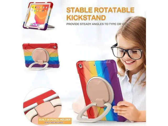 Alt view image 3 of 7 - iPad 8th 7th Generation Case, iPad 10.2 inch Case 2020 2019, Heavy Duty Rugged Kids Cover with Rotating Stand/Pencil Holder/Carrying Strap Rainbow Red
