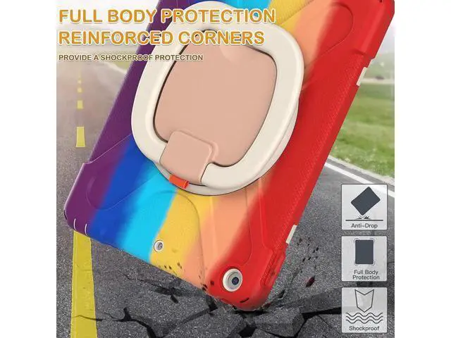 Alt view image 6 of 7 - iPad 8th 7th Generation Case, iPad 10.2 inch Case 2020 2019, Heavy Duty Rugged Kids Cover with Rotating Stand/Pencil Holder/Carrying Strap Rainbow Red