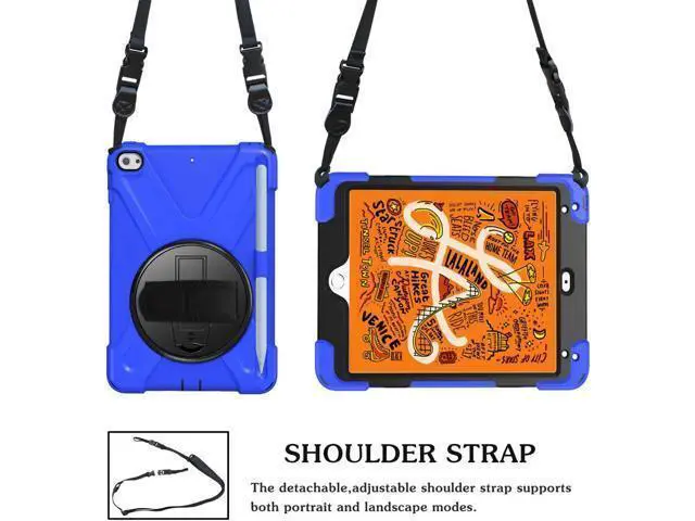 Alt view image 4 of 7 - iPad Mini 5 Case 2019 iPad Mini 4 Case with Pencil Holder Shockproof 360 Degree Rotation Cover with Kickstand Hand Strap Shoulder Strip Protective Case for iPad Mini 5th iPad Mini 4th Generation Blue