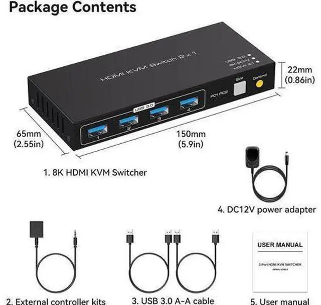 Main image of 2 Port HDMI KVM Switch 2 in 1 Out, USB 3.0 KVM Switcher for 2 Computers Share Keyboard Mouse Printer Support 8K @60HZ 4K @120HZ with 4 Port USB 3.0 Support Desktop Control Including 2 USB 3.0 Cable