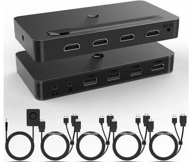 Main image of 4 Port KVM HDMI Switch with Audio Microphone and 3 x USB Hub - 4K @60Hz 4 in 1 Out HDMI USB Switch Supports Keyboard Mouse with USB+HDMI Combo Cables x4|USB Power Cable|Wire Remote Switch
