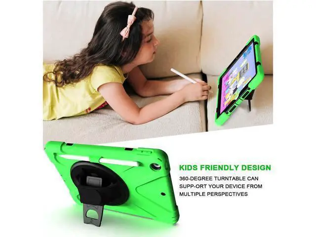 Alt view image 2 of 7 - New iPad 10.2 Case 2019 iPad 7th Generation Case Cover with Pencil Holder / Rotatable Stand / Hand Strap and Shoulder Belt Shockproof Case for iPad 10.2 inch 2019 Tablet A2197 A2198 A2200 Green
