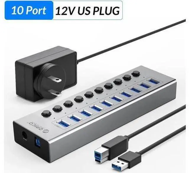 Main image of Industrial USB 3.0 HUB 7/10 Port Aluminum USB Splitter On/Off Switch With 12V Power Adapter Support Charging for Computer