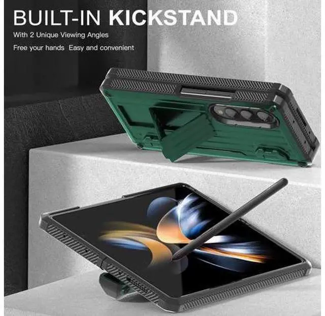 Alt view image 3 of 7 - Case for Samsung Galaxy Z Fold 4 2022 5G, Military-Grade Full-Body Shockproof Rugged Bumper Case Cover with Built-in Screen Protector & Kickstand & S Pen Slot Army Green