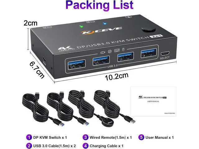 Alt view image 6 of 7 - USB 3.0 KVM Switch Displayport 4K@144Hz, 2 Port Displayport KVM Switch for 2 PCs 1 Monitor 8K@30Hz, DP KVM Switch 2 in 1 Out for 2 PC Share 4 USB 3.0 Device Keyboard Mouse Monitor with Wired Remote