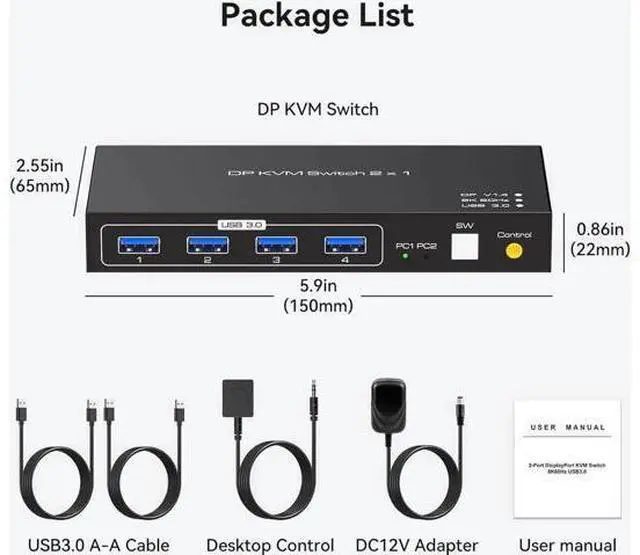 Main image of 2 Ports Displayport KVM Switch 2 Computers 1 Monitor, USB 3.0 DP1.4 KVM Switcher 2 in 1 Out for 2 computers share 4 USB 3.0 Devices Support 8k@60hz 4k@120hz, with desktop controller and power adapter