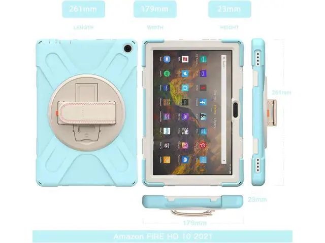 Alt view image 7 of 7 - Amazon Kindle Fire HD 10 / Fire HD 10 Plus 11th Generation 2021 Case, Shockproof Rugged Drop Protection Cover with Pencil Holder and Rotating Kickstand Hand Strap / Shoulder Strap Blue Robin