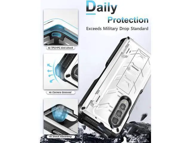 Alt view image 3 of 7 - For Samsung Galaxy Z Fold 4 Case with S Pen Holder Built-in Kickstand & Screen Protector, 360° Full-Body & Hinge Protection Rugged Heavy Duty Phone Cover for Galaxy Z Fold 4 2022 5G White