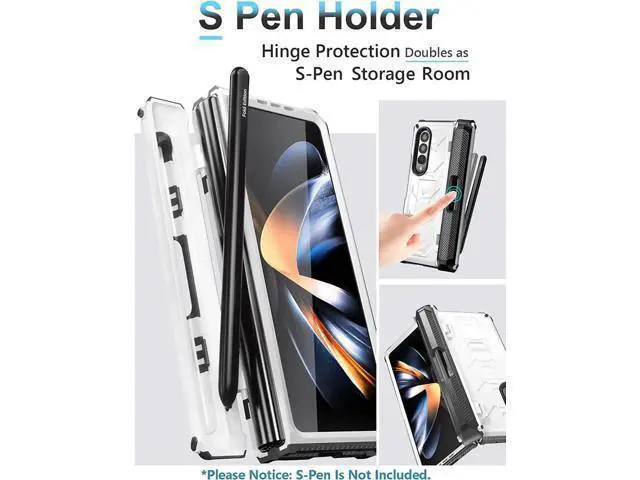 Alt view image 5 of 7 - For Samsung Galaxy Z Fold 4 Case with S Pen Holder Built-in Kickstand & Screen Protector, 360° Full-Body & Hinge Protection Rugged Heavy Duty Phone Cover for Galaxy Z Fold 4 2022 5G White