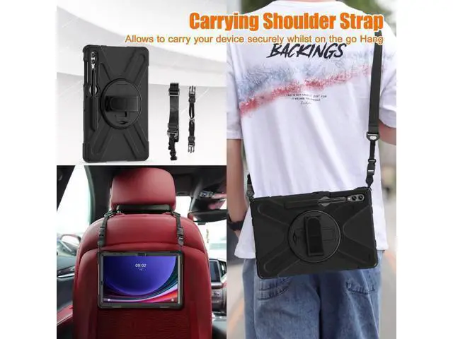 Alt view image 2 of 7 - Protective Case for Samsung Galaxy Tab S9 Plus 2023 / S8 Plus 2022 / S7 FE 2021 / S7 Plus 2020 12.4 inch Tablet Shockproof Cover with 360 Degree Rotating Kickstand, Hand/Shoulder Strap Black