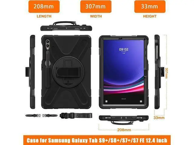 Alt view image 4 of 7 - Protective Case for Samsung Galaxy Tab S9 Plus 2023 / S8 Plus 2022 / S7 FE 2021 / S7 Plus 2020 12.4 inch Tablet Shockproof Cover with 360 Degree Rotating Kickstand, Hand/Shoulder Strap Black
