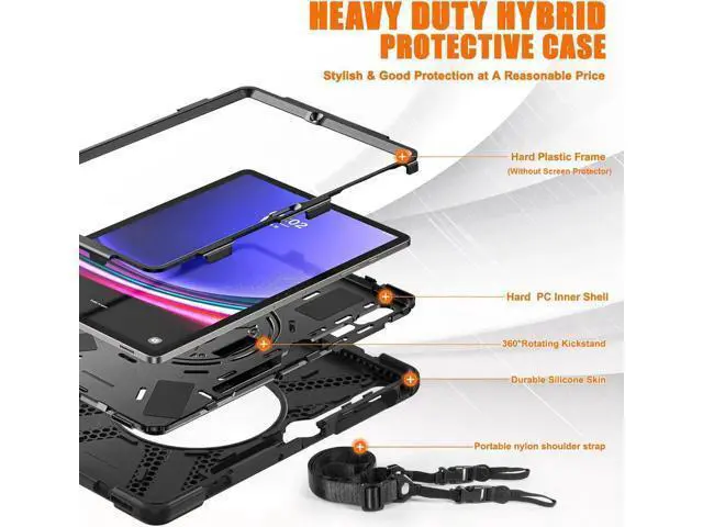Alt view image 6 of 7 - Protective Case for Samsung Galaxy Tab S9 Plus 2023 / S8 Plus 2022 / S7 FE 2021 / S7 Plus 2020 12.4 inch Tablet Shockproof Cover with 360 Degree Rotating Kickstand, Hand/Shoulder Strap Black