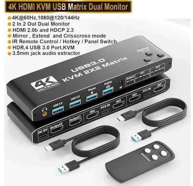 Main image of Dual Monitor HDMI KVM Switch 2 Monitors 2 Computers, HDMI Matrix 4 in 2 Out 4K 60Hz, HDMI KVM Matrix Switch, 4 Port HDMI Switcher Splitter Support USB 3.0,HDCP2.3, Hotkey, Extended with Remote Control