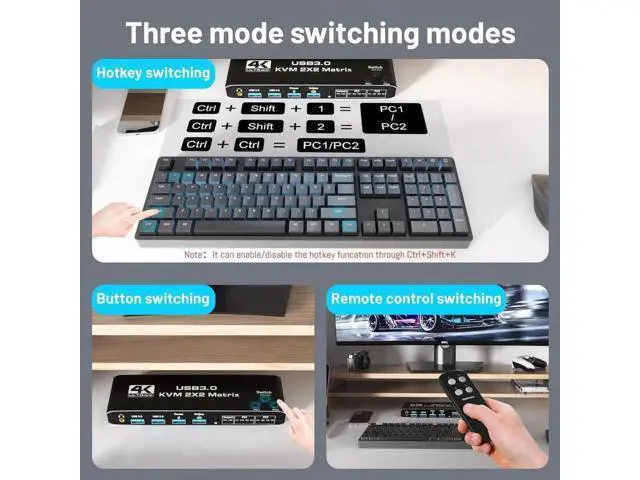 Alt view image 5 of 7 - Dual Monitor HDMI KVM Switch 2 Monitors 2 Computers, HDMI Matrix 4 in 2 Out 4K 60Hz, HDMI KVM Matrix Switch, 4 Port HDMI Switcher Splitter Support USB 3.0,HDCP2.3, Hotkey, Extended with Remote Control