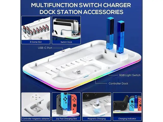 Alt view image 2 of 7 - RGB Switch Controller Charger Dock Station for Nintendo Switch & OLED Model Joycon, Charging Docking Station Stand for 4 Joy Cons and Switch Pro Controller with LED Charging Indicator & 8 Game Slots
