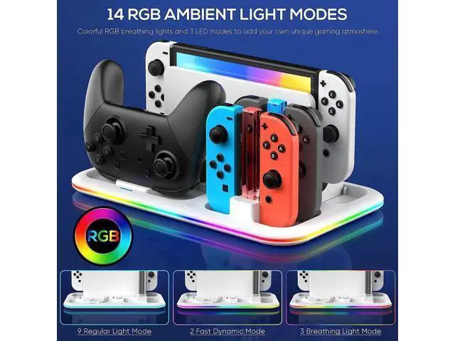 Alt view image 4 of 7 - RGB Switch Controller Charger Dock Station for Nintendo Switch & OLED Model Joycon, Charging Docking Station Stand for 4 Joy Cons and Switch Pro Controller with LED Charging Indicator & 8 Game Slots