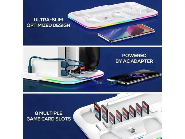 Alt view image 6 of 7 - RGB Switch Controller Charger Dock Station for Nintendo Switch & OLED Model Joycon, Charging Docking Station Stand for 4 Joy Cons and Switch Pro Controller with LED Charging Indicator & 8 Game Slots
