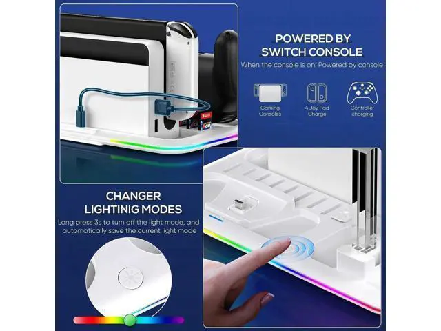 Alt view image 5 of 7 - RGB Switch Controller Charger Dock Station for Nintendo Switch & OLED Model Joycon, Charging Docking Station Stand for 4 Joy Cons and Switch Pro Controller with LED Charging Indicator & 8 Game Slots