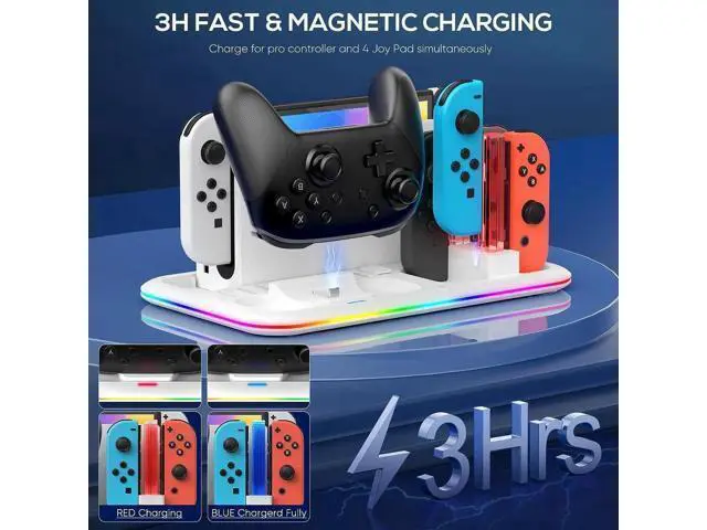 Alt view image 7 of 7 - RGB Switch Controller Charger Dock Station for Nintendo Switch & OLED Model Joycon, Charging Docking Station Stand for 4 Joy Cons and Switch Pro Controller with LED Charging Indicator & 8 Game Slots