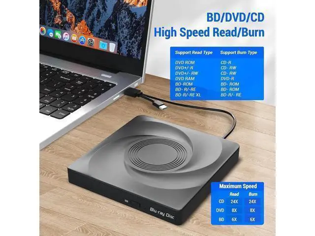 Alt view image 3 of 7 - External Blu-ray Drive, USB 3.0 and Type-C External Blu-Ray Burner Slim 3D Optical Blu-Ray DVD CD Drive Compatible with Windows XP/7/8/10 MacOS for Laptop Desktop