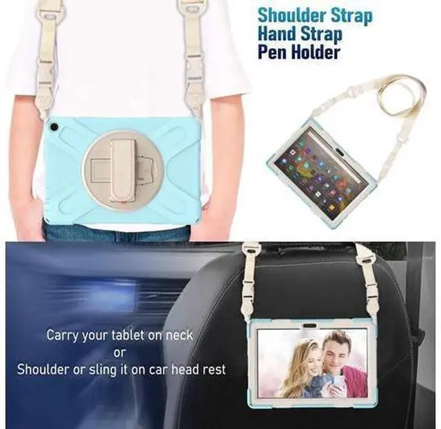 Alt view image 4 of 7 - Amazon Kindle Fire HD 10 / Fire HD 10 Plus 11th Generation 2021 Case, Shockproof Rugged Drop Protection Cover with Pencil Holder and Rotating Kickstand Hand Strap / Shoulder Strap Blue Robin