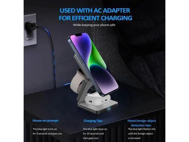 Alt view image 3 of 7 - Foldable Wireless Charger for iPhone Charging Station: 3 in 1 Charger Stand Multiple Devices for Apple - iPhone 15 14 Pro Max 13 12 - Apple Watch 9 8 7 6 5 4 3 2 Se - Airpods 3 2 Pro (Gray)