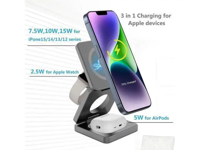 Alt view image 2 of 7 - Foldable Wireless Charger for iPhone Charging Station: 3 in 1 Charger Stand Multiple Devices for Apple - iPhone 15 14 Pro Max 13 12 - Apple Watch 9 8 7 6 5 4 3 2 Se - Airpods 3 2 Pro (Gray)